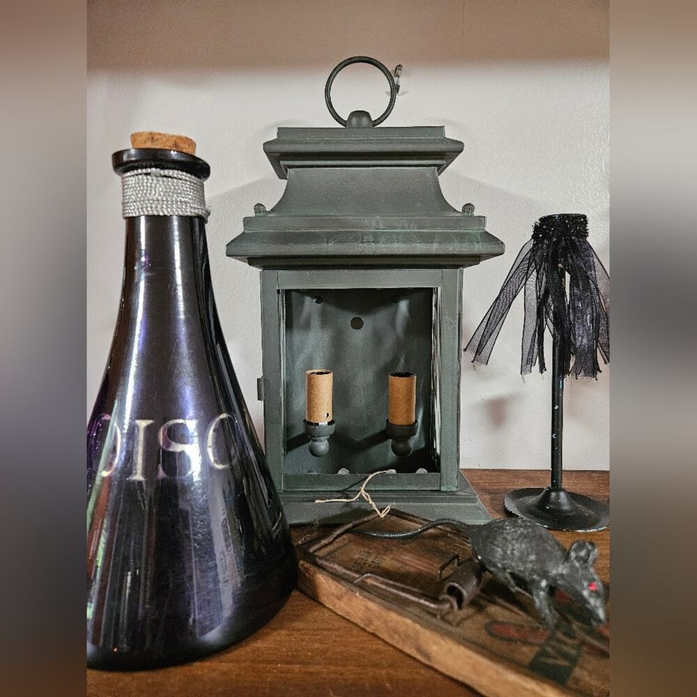 Spooky gray metal lantern Great accent piece for Halloween display